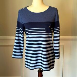 Karen Scott Sport Blue/Navy Striped Three-Quarter Sleeve Top size Medium